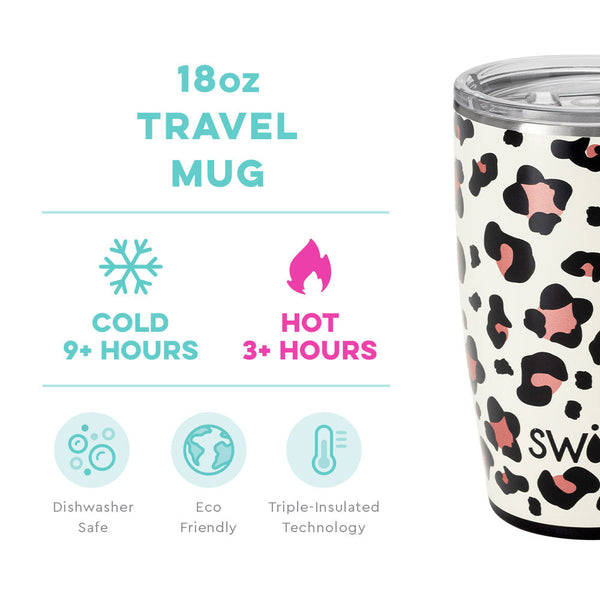 Swig Life 18oz Luxy Leopard Travel Mug temperature infographic - cold 9+ hours or hot 3+ hours