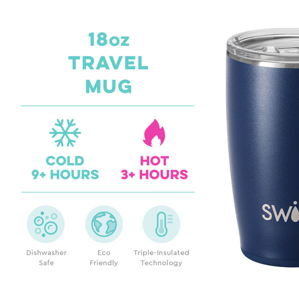 Swig Life 18oz Navy Travel Mug temperature infographic - cold 9+ hours or hot 3+ hours