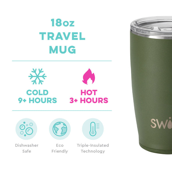Swig Life 18oz Olive Travel Mug temperature infographic - cold 9+ hours or hot 3+ hours