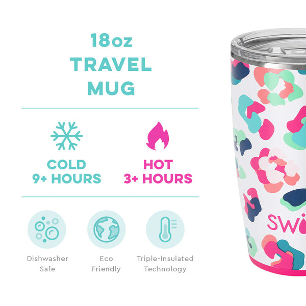 Swig Life 18oz Party Animal Travel Mug temperature infographic - cold 9+ hours or hot 3+ hours