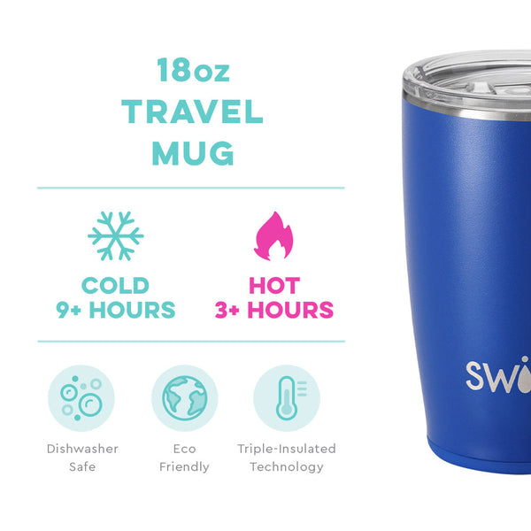 Swig Life 18oz Royal Travel Mug temperature infographic - cold 9+ hours or hot 3+ hours