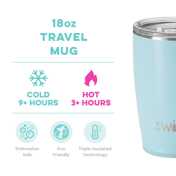 Swig Life 18oz Shimmer Aquamarine Travel Mug temperature infographic - cold 9+ hours or hot 3+ hours