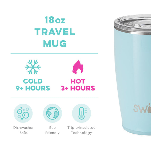 Swig Life 18oz Shimmer Aquamarine  Travel Mug temperature infographic - cold 9+ hours or hot 3+ hours