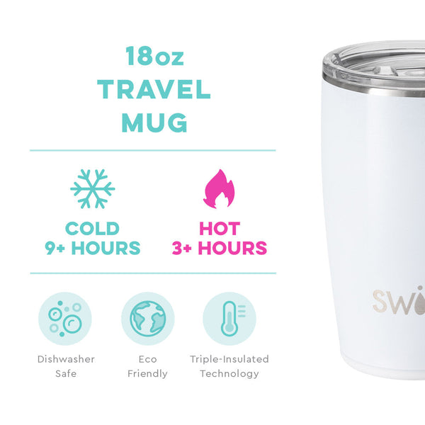 Swig Life 18oz Shimmer White  Travel Mug temperature infographic - cold 9+ hours or hot 3+ hours