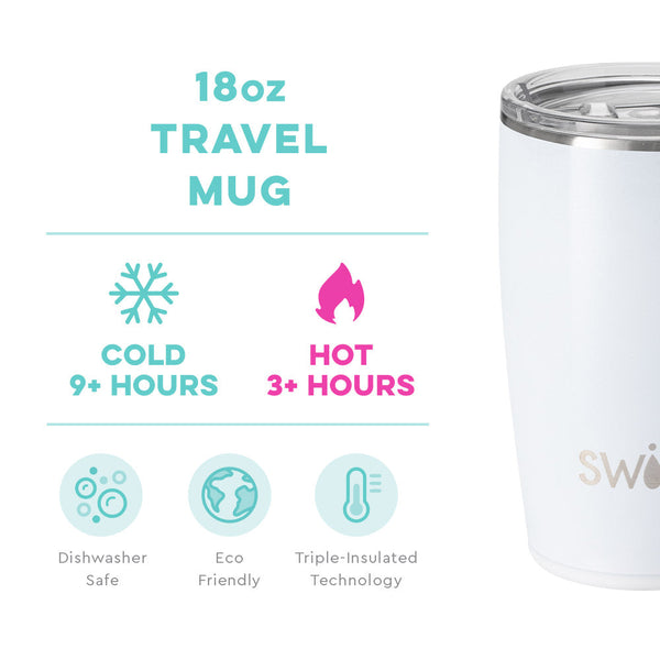 Swig Life 18oz Shimmer Diamond White  Travel Mug temperature infographic - cold 9+ hours or hot 3+ hours