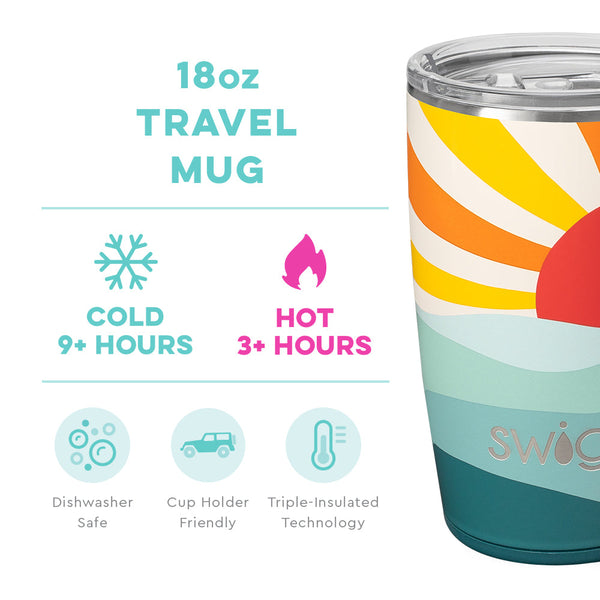 Swig Life 18oz Sun Dance Travel Mug temperature infographic - cold 9+ hours or hot 3+ hours