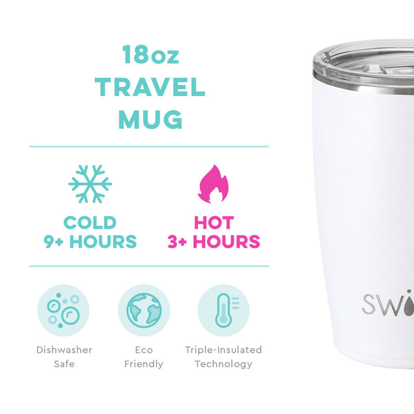 Swig Life 18oz White Travel Mug temperature infographic - cold 9+ hours or hot 3+ hours