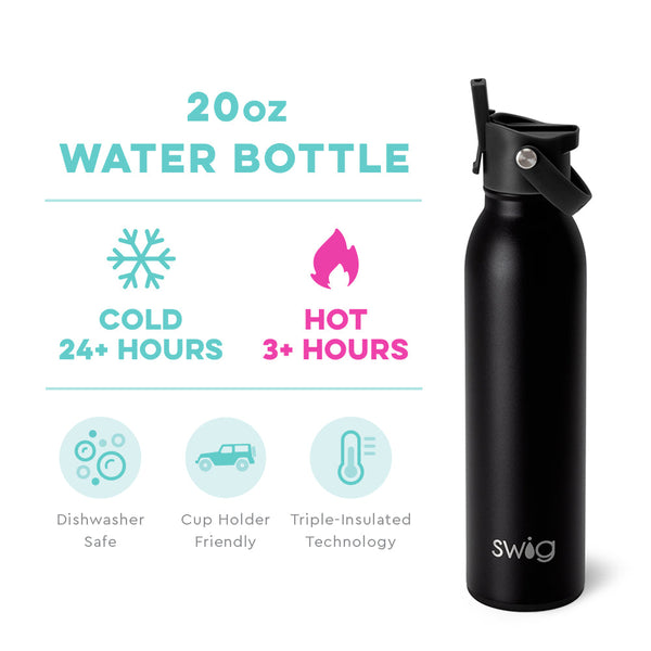 Swig Life 20oz Black Insulated Flip + Sip Cap Water Bottle temperature infographic - cold 24+ hours or hot 3+ hours
