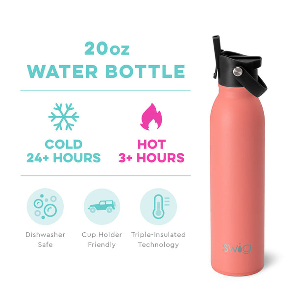 Swig Life 20oz Coral Insulated Flip + Sip Cap Water Bottle temperature infographic - cold 24+ hours or hot 3+ hours