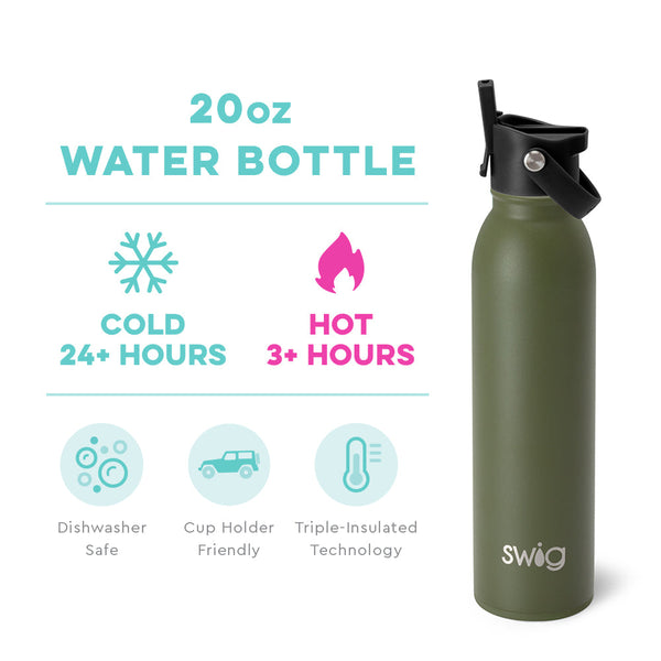 Swig Life 20oz Olive Insulated Flip + Sip Cap Water Bottle temperature infographic - cold 24+ hours or hot 3+ hours