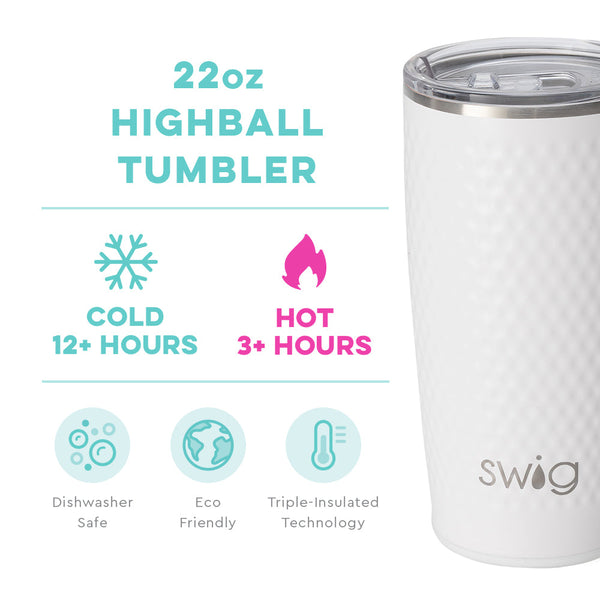 Swig Life 22oz Golf Partee Highball Tumbler temperature infographic - cold 12+ hours or hot 3+ hours