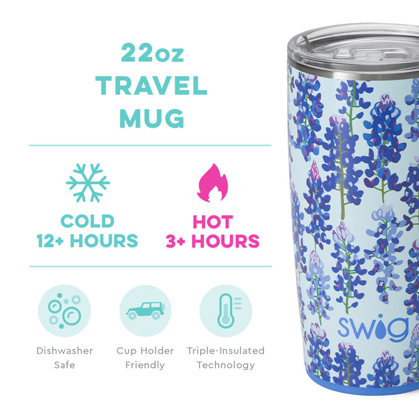 Swig Life 22oz Bluebonnet Travel Mug temperature infographic - cold 12+ hours or hot 3+ hours