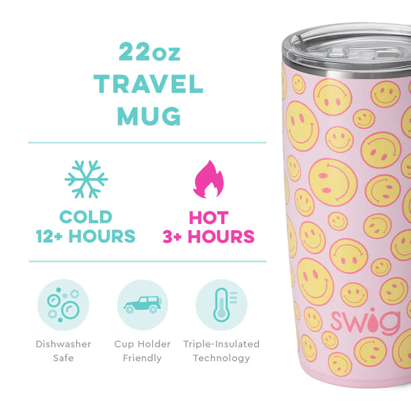 Swig Life 22oz Oh Happy Day Travel Mug temperature infographic - cold 12+ hours or hot 3+ hours