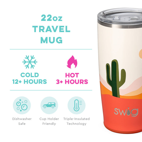 Swig Life 22oz Boho Desert Travel Mug temperature infographic - cold 12+ hours or hot 3+ hours