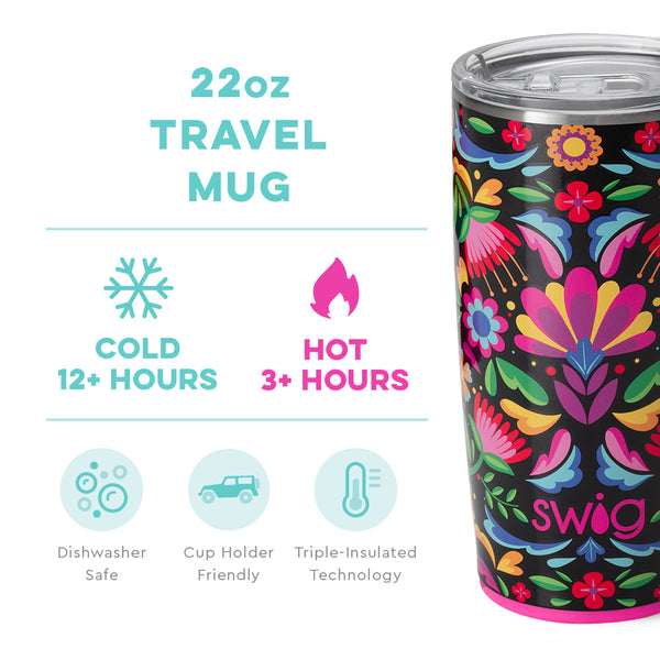 Swig Life 22oz Caliente Travel Mug temperature infographic - cold 12+ hours or hot 3+ hours