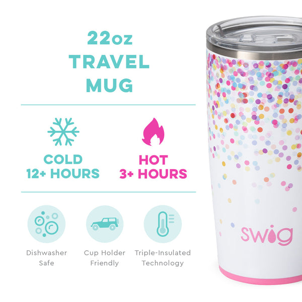 Swig Life 22oz Confetti Travel Mug temperature infographic - cold 12+ hours or hot 3+ hours