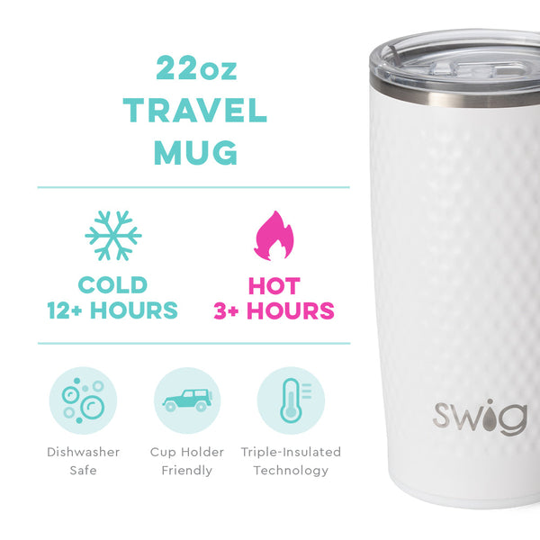 Swig Life 22oz Golf Partee Travel Mug temperature infographic - cold 12+ hours or hot 3+ hours