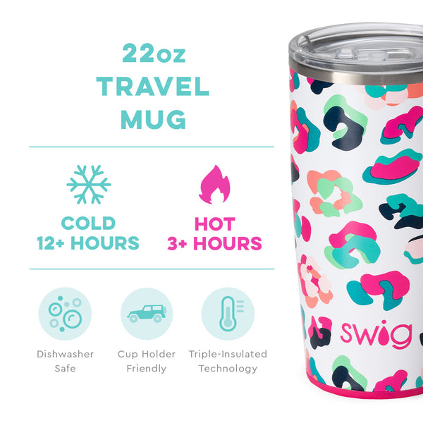 Swig Life 22oz Party Animal Travel Mug temperature infographic - cold 12+ hours or hot 3+ hours
