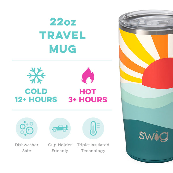 Swig Life 22oz Sun Dance Travel Mug temperature infographic - cold 12+ hours or hot 3+ hours