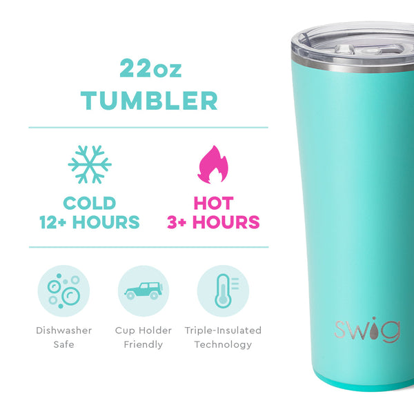 Swig Life 22oz Aqua Tumbler temperature infographic - cold 12+ hours or hot 3+ hours