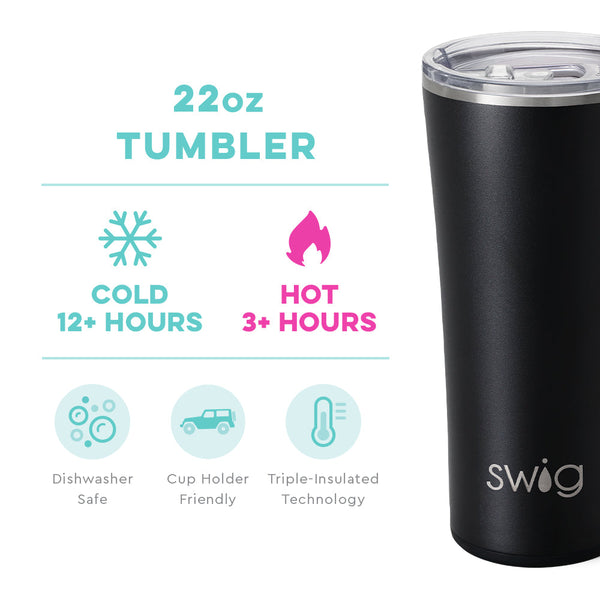 Swig Life 22oz Black Tumbler temperature infographic - cold 12+ hours or hot 3+ hours