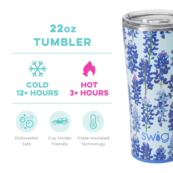 Swig Life 22oz Bluebonnet Tumbler temperature infographic - cold 12+ hours or hot 3+ hours