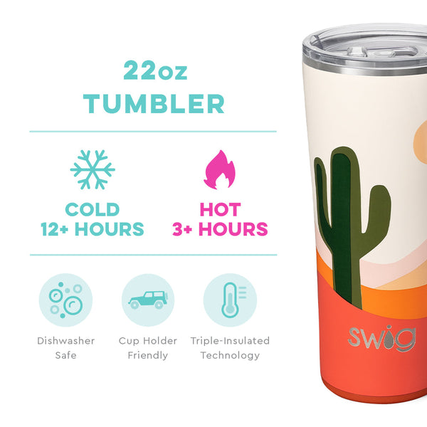 Swig Life 22oz Boho Desert Tumbler temperature infographic - cold 12+ hours or hot 3+ hours