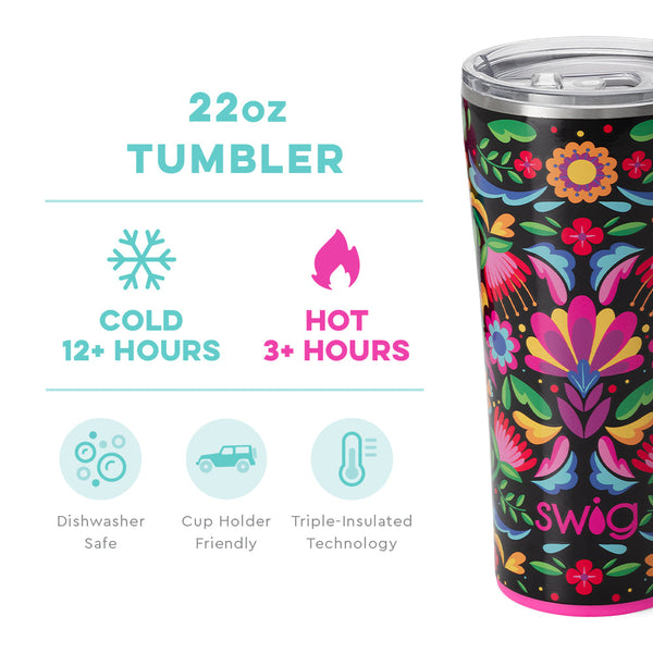Swig Life 22oz Caliente Tumbler temperature infographic - cold 12+ hours or hot 3+ hours