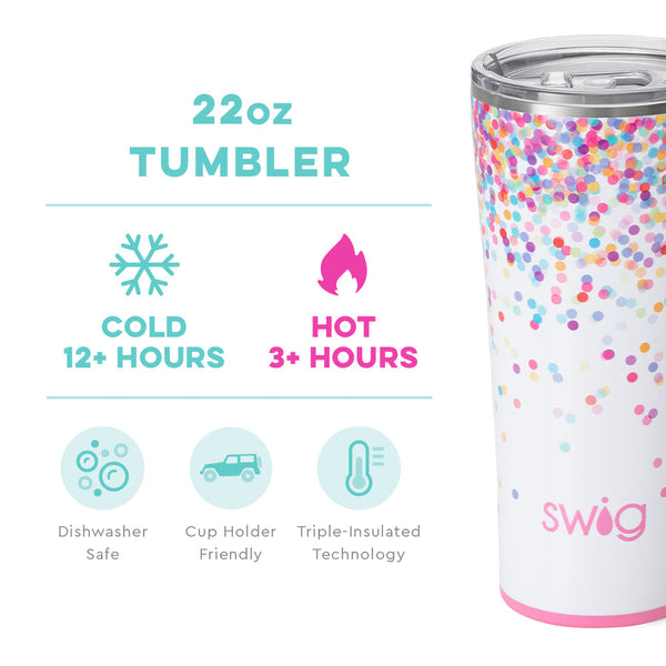 Swig Life 22oz Confetti Tumbler temperature infographic - cold 12+ hours or hot 3+ hours