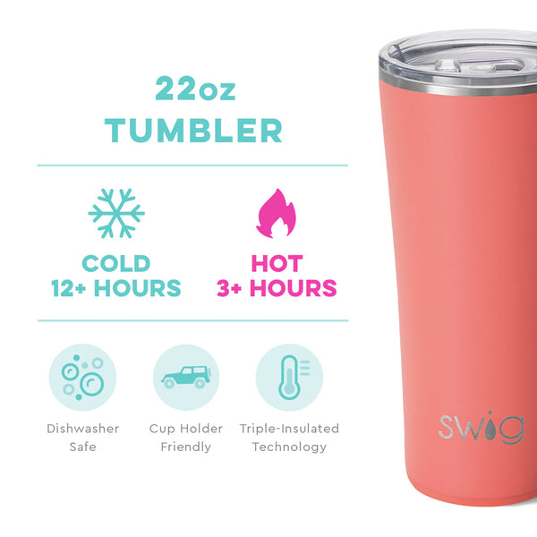 Swig Life 22oz Coral Tumbler temperature infographic - cold 12+ hours or hot 3+ hours