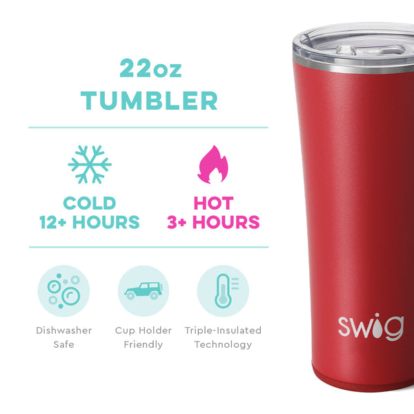 Swig Life 22oz Crimson Tumbler temperature infographic - cold 12+ hours or hot 3+ hours