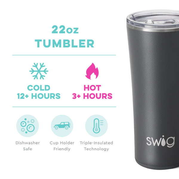 Swig Life 22oz Grey Tumbler temperature infographic - cold 12+ hours or hot 3+ hours