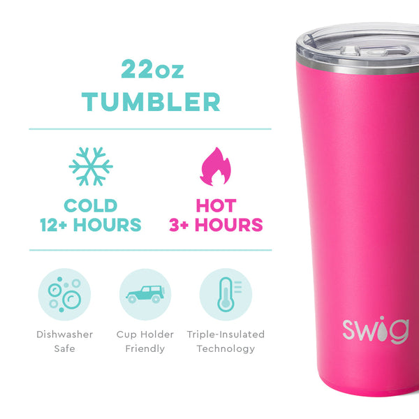 Swig Life 22oz Hot Pink Tumbler temperature infographic - cold 12+ hours or hot 3+ hours