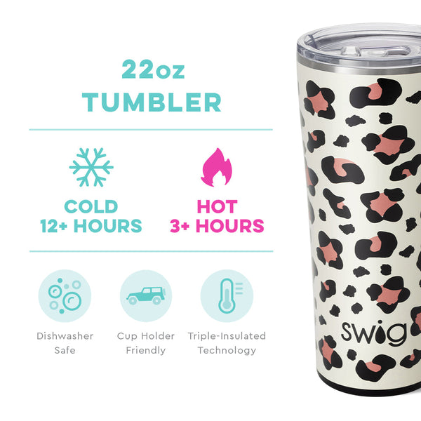 Swig Life 22oz Luxy Leopard Tumbler temperature infographic - cold 24+ hours or hot 3+ hours