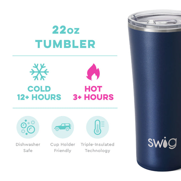 Swig Life 22oz Navy Tumbler temperature infographic - cold 12+ hours or hot 3+ hours