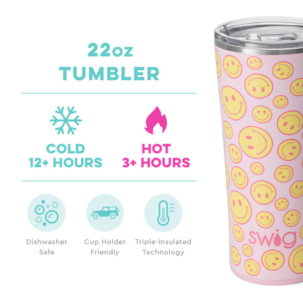 Swig Life 22oz Oh Happy Day Tumbler temperature infographic - cold 12+ hours or hot 3+ hours