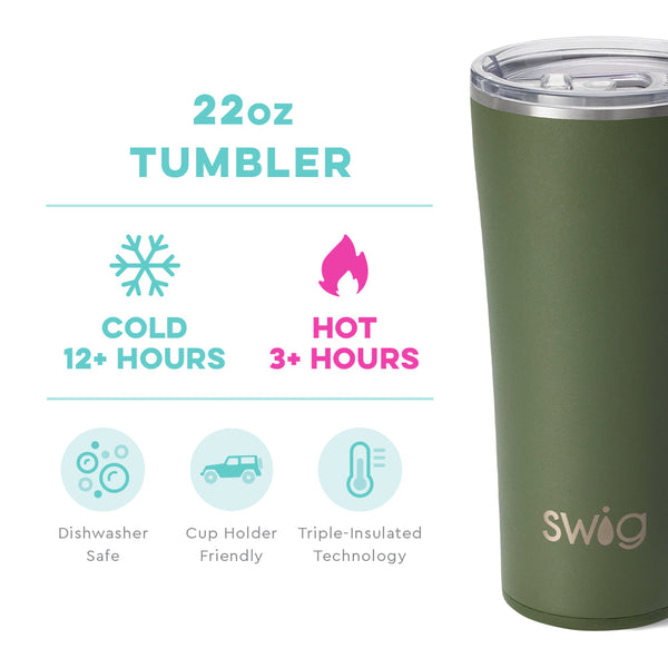 Swig Life 22oz Olive Tumbler temperature infographic - cold 12+ hours or hot 3+ hours