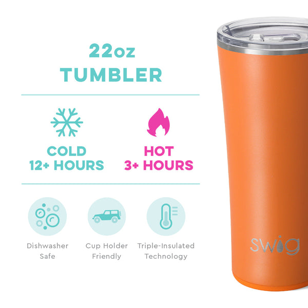 Swig Life 22oz Orange Tumbler temperature infographic - cold 12+ hours or hot 3+ hours