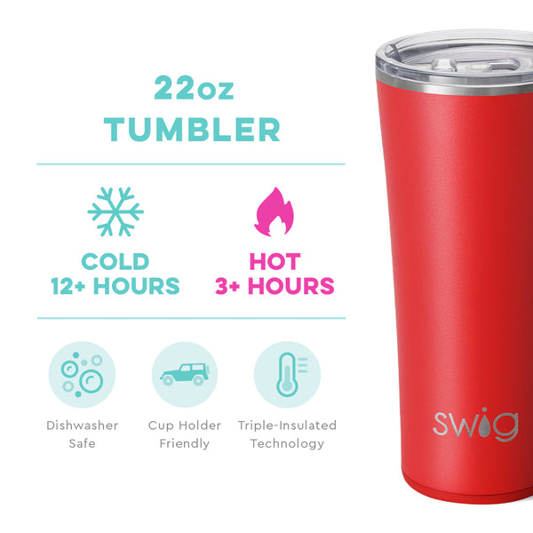 Swig Life 22oz Red Tumbler temperature infographic - cold 12+ hours or hot 3+ hours
