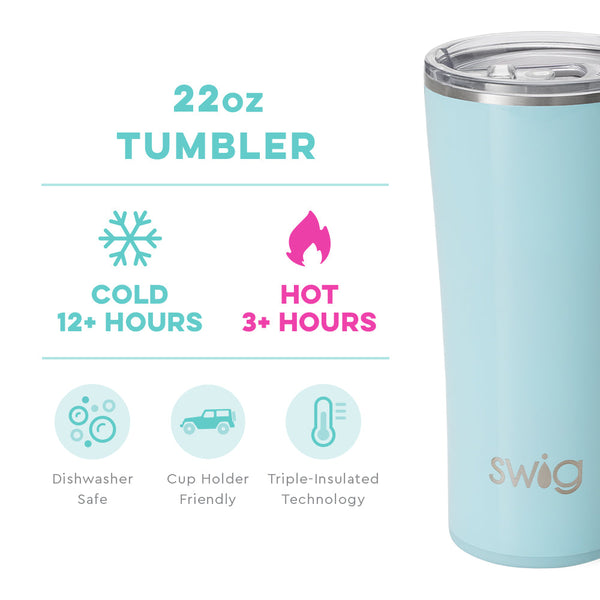 Swig Life 22oz Shimmer Aquamarine Tumbler temperature infographic - cold 12+ hours or hot 3+ hours