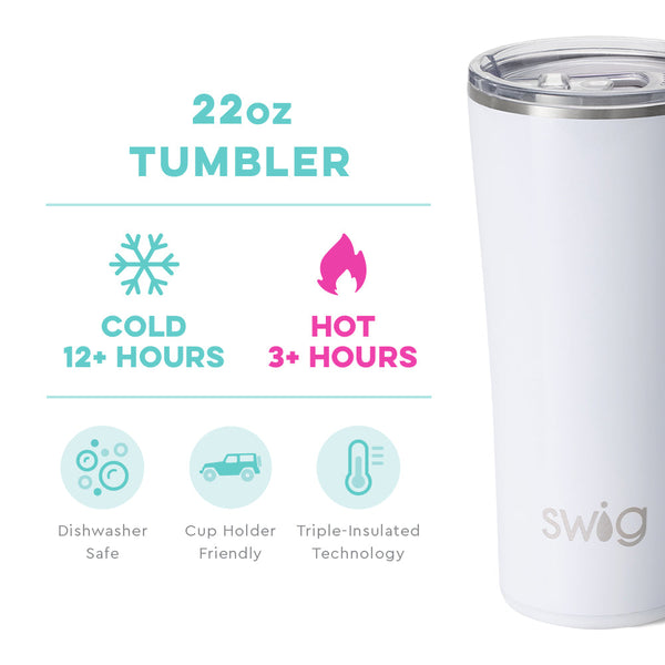 Swig Life 22oz Shimmer White Tumbler temperature infographic - cold 12+ hours or hot 3+ hours