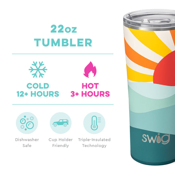 Swig Life 22oz Sun Dance Tumbler temperature infographic - cold 12+ hours or hot 3+ hours