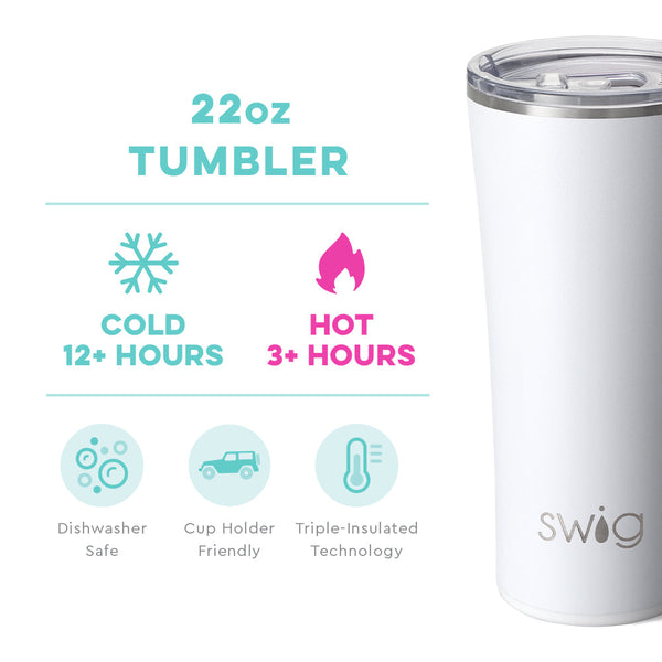 Swig Life 22oz White Tumbler temperature infographic - cold 12+ hours or hot 3+ hours