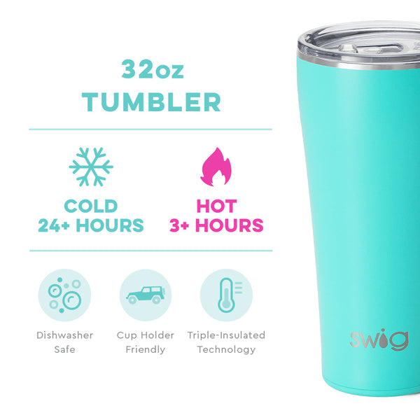 Swig Life 32oz Aqua Tumbler temperature infographic - cold 24+ hours or hot 3+ hours