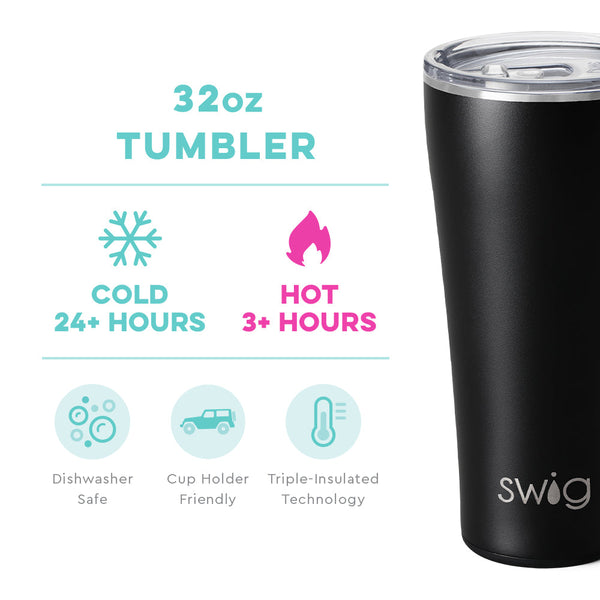 Swig Life 32oz Black Tumbler temperature infographic - cold 24+ hours or hot 3+ hours