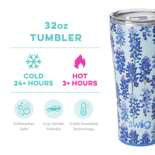 Swig Life 32oz Bluebonnet Tumbler temperature infographic - cold 24+ hours or hot 3+ hours