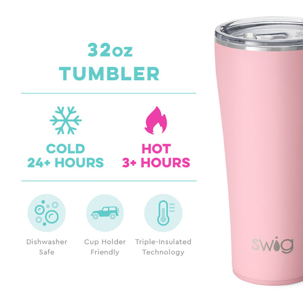 Swig Life 32oz Blush Tumbler temperature infographic - cold 24+ hours or hot 3+ hours