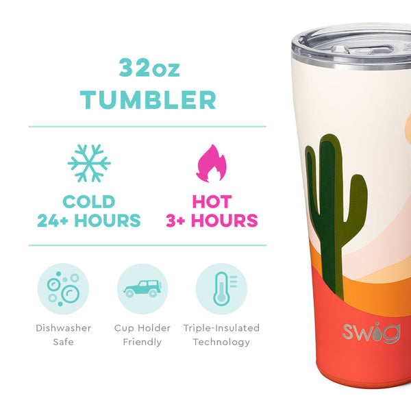Swig Life 32oz Boho Desert Tumbler temperature infographic - cold 24+ hours or hot 3+ hours