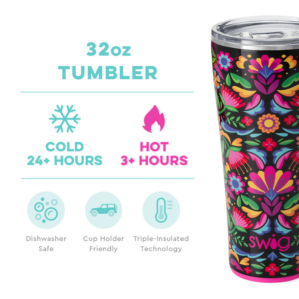 Swig Life 32oz Caliente Tumbler temperature infographic - cold 24+ hours or hot 3+ hours