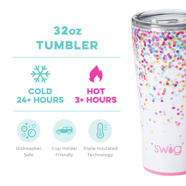 Swig Life 32oz Confetti Tumbler temperature infographic - cold 24+ hours or hot 3+ hours